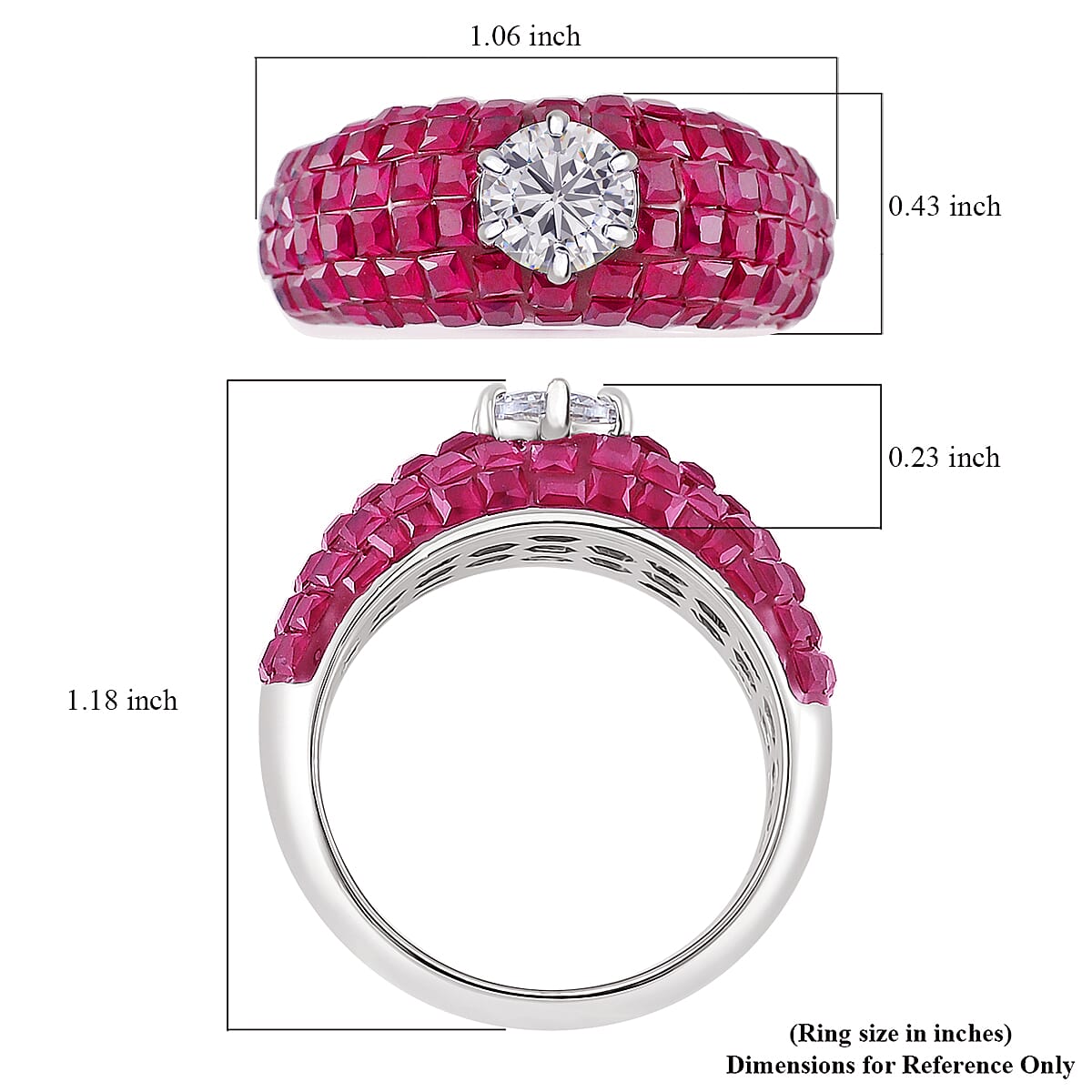 Simulated White and Ruby Color Diamond Dome Ring in Rhodium Over Sterling Silver (Size 10.0)