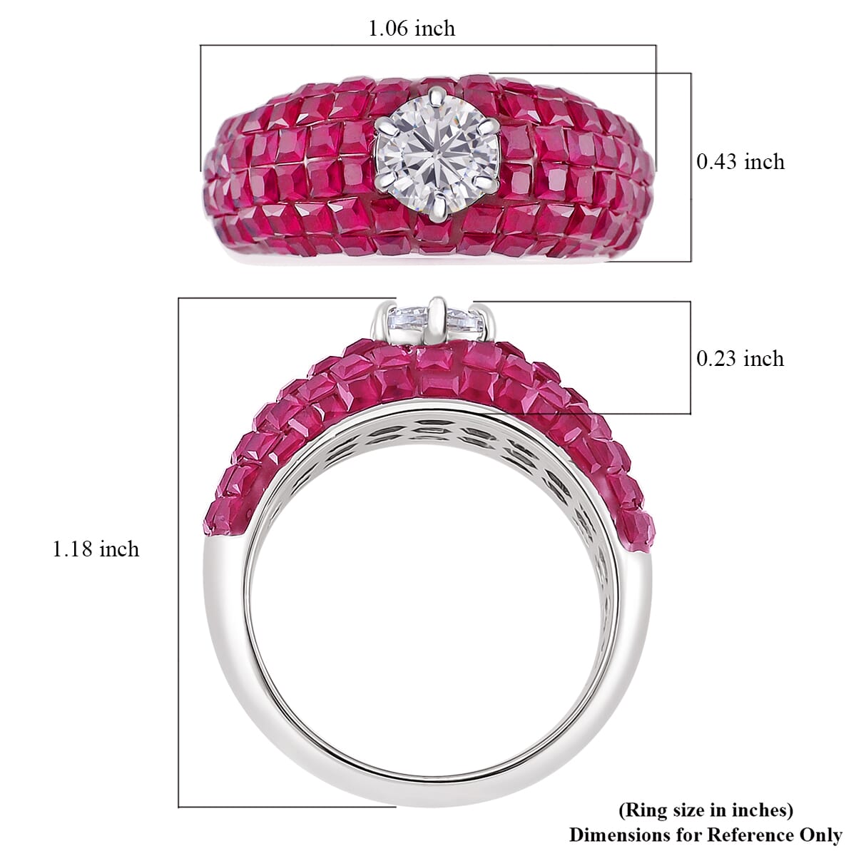 Simulated White and Ruby Color Diamond Dome Ring in Rhodium Over Sterling Silver (Size 10.0) image number 4