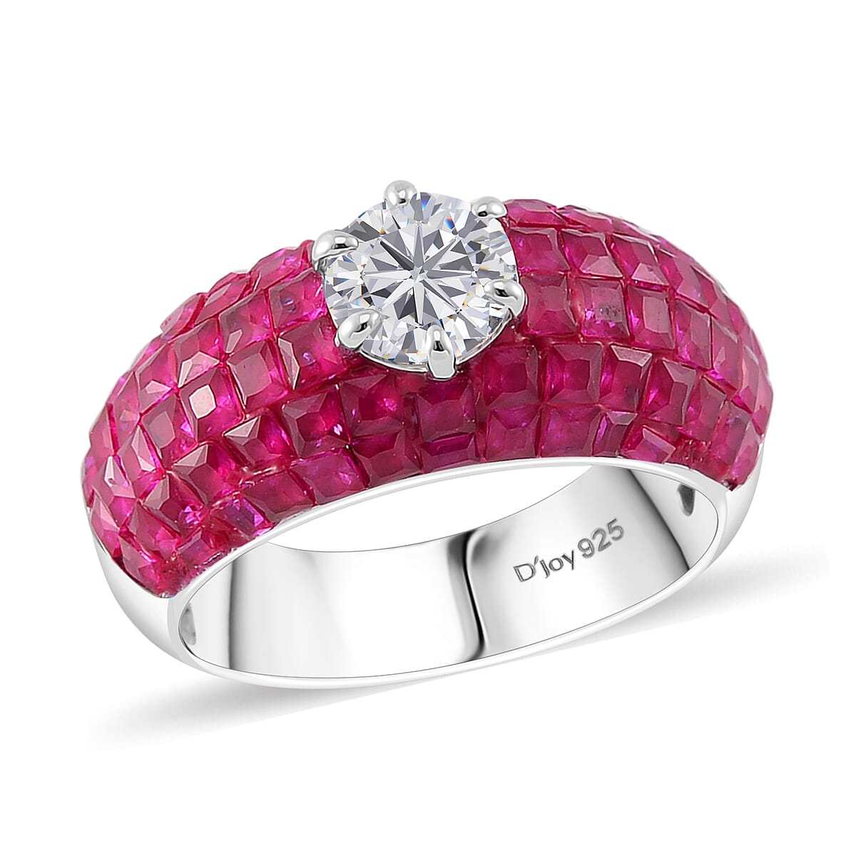 Simulated White and Ruby Color Diamond Dome Ring in Rhodium Over Sterling Silver (Size 7.0) image number 0