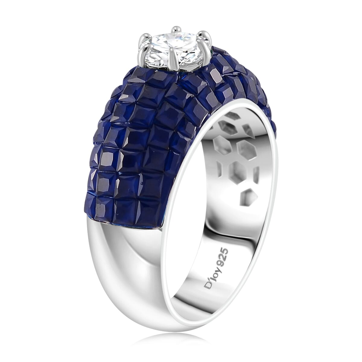 Simulated White and Blue Diamond Dome Ring in Rhodium Over Sterling Silver (Size 6.0) image number 2