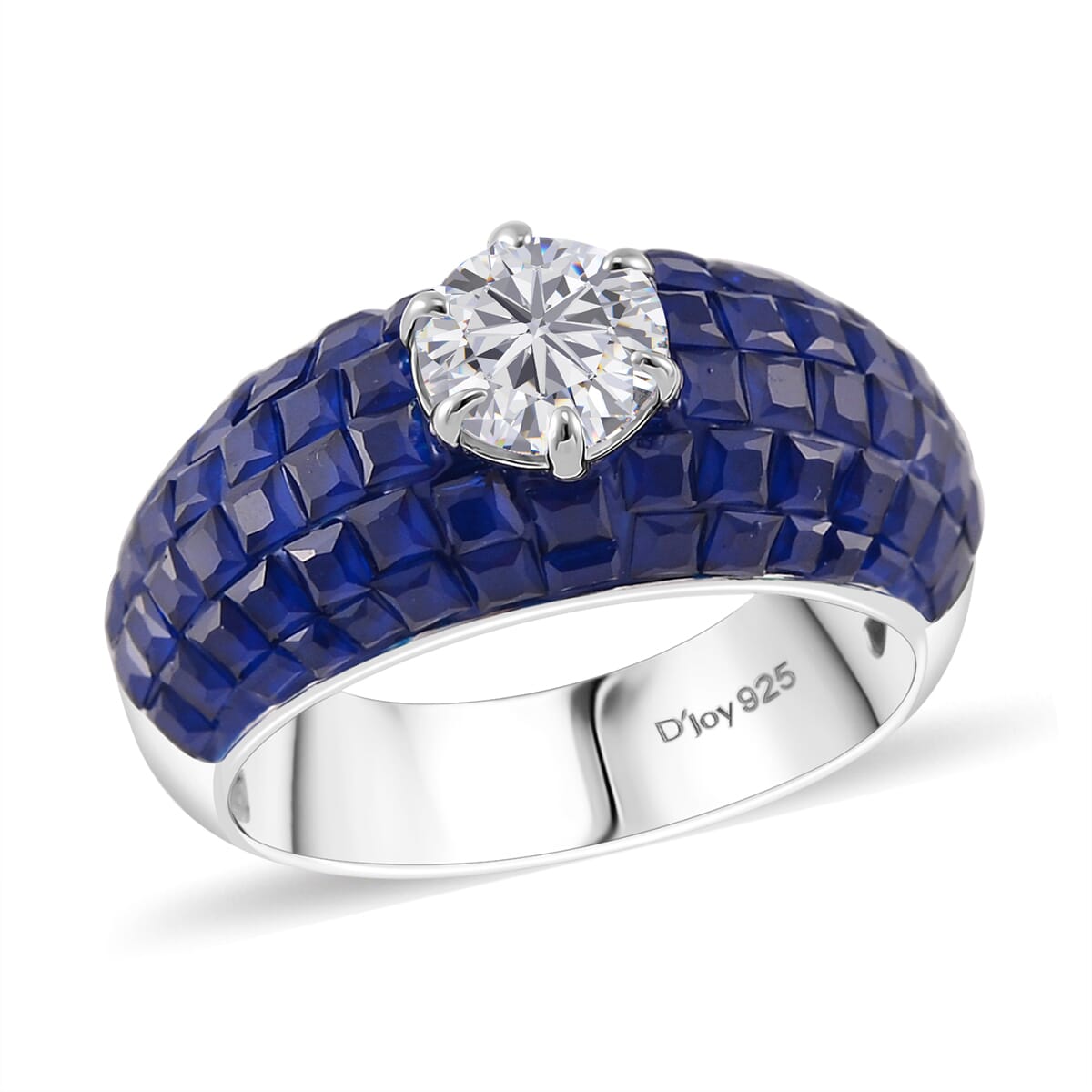 Simulated White and Blue Diamond Dome Ring in Rhodium Over Sterling Silver (Size 8.0) image number 0