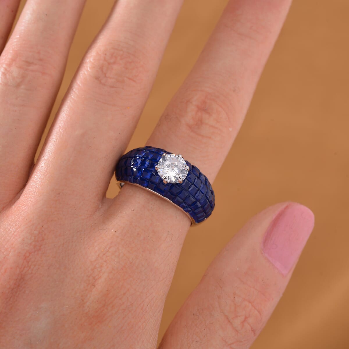 Simulated White and Blue Diamond Dome Ring in Rhodium Over Sterling Silver (Size 8.0) image number 1