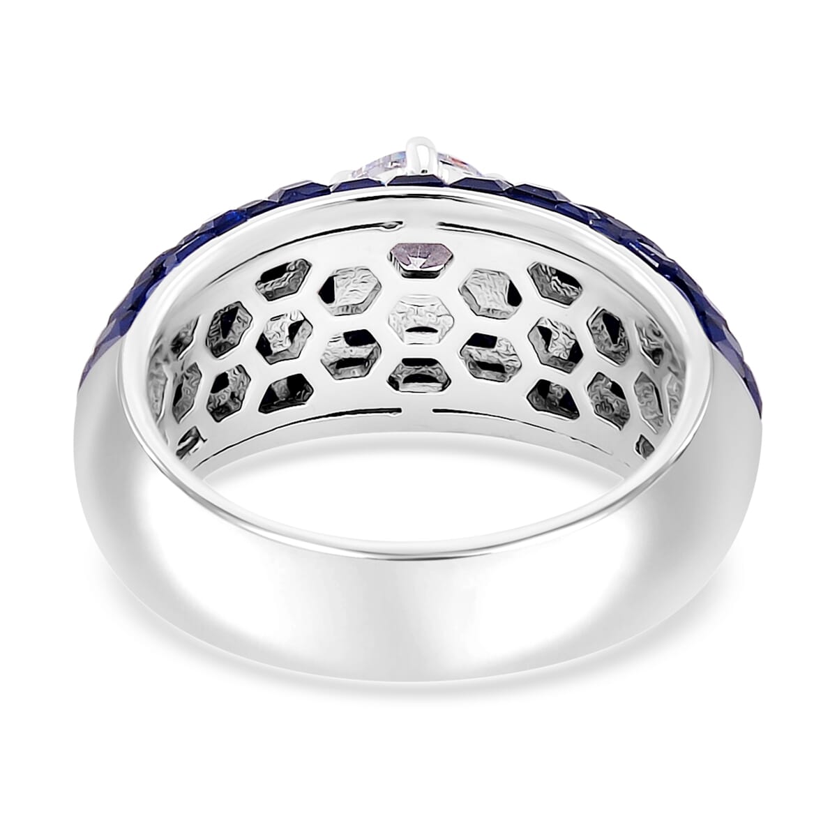 Simulated White and Blue Diamond Dome Ring in Rhodium Over Sterling Silver (Size 8.0) image number 3