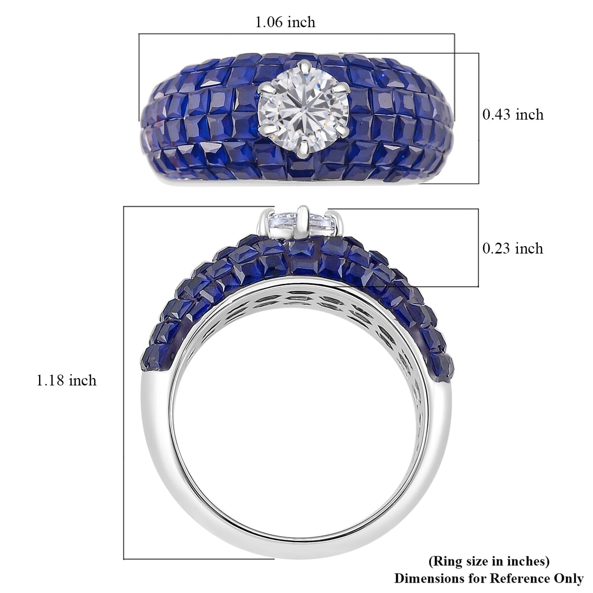 Simulated White and Blue Diamond Dome Ring in Rhodium Over Sterling Silver (Size 8.0) image number 4