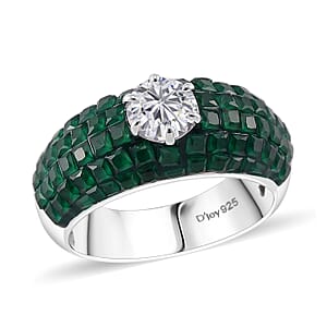 Simulated White and Green Diamond Dome Ring in Rhodium Over Sterling Silver (Size 10.0)