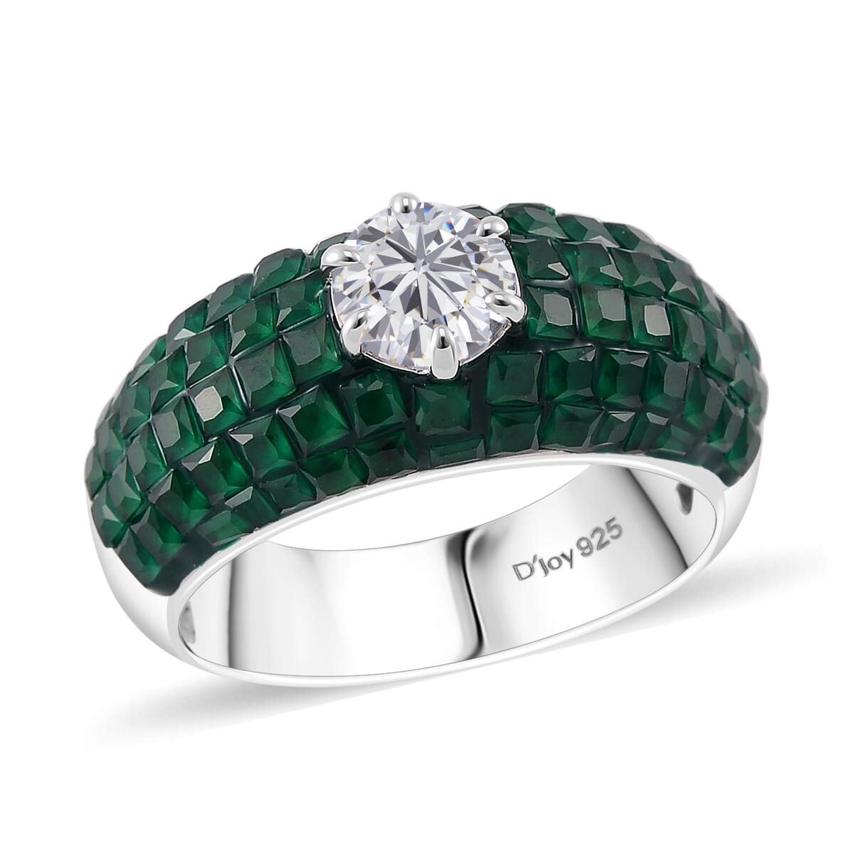 Simulated White and Green Diamond Dome Ring in Rhodium Over Sterling Silver (Size 6.0) image number 0