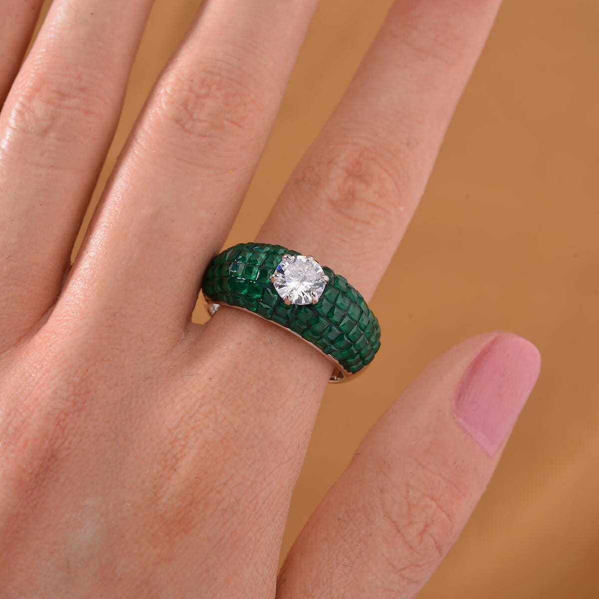 Simulated White and Green Diamond Dome Ring in Rhodium Over Sterling Silver (Size 6.0) image number 1