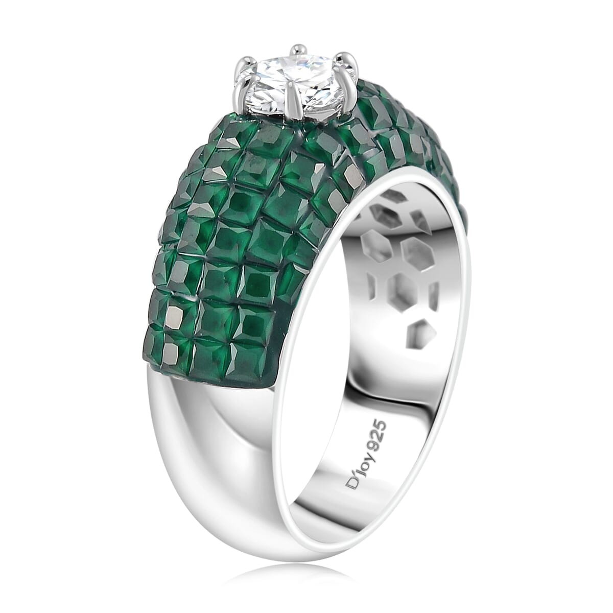 Simulated White and Green Diamond Dome Ring in Rhodium Over Sterling Silver (Size 6.0) image number 2
