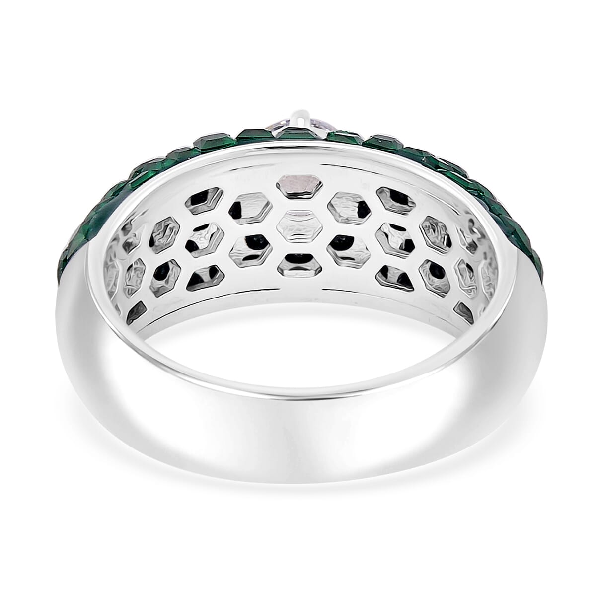 Simulated White and Green Diamond Dome Ring in Rhodium Over Sterling Silver (Size 6.0) image number 3