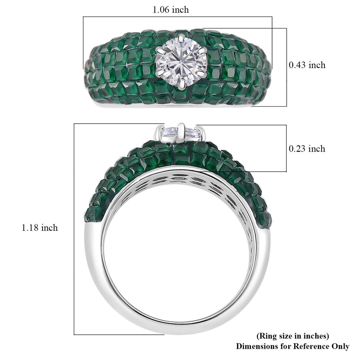 Simulated White and Green Diamond Dome Ring in Rhodium Over Sterling Silver (Size 6.0) image number 4
