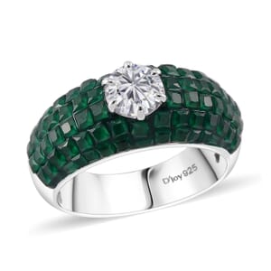 Simulated White and Green Diamond Dome Ring in Rhodium Over Sterling Silver (Size 7.0)