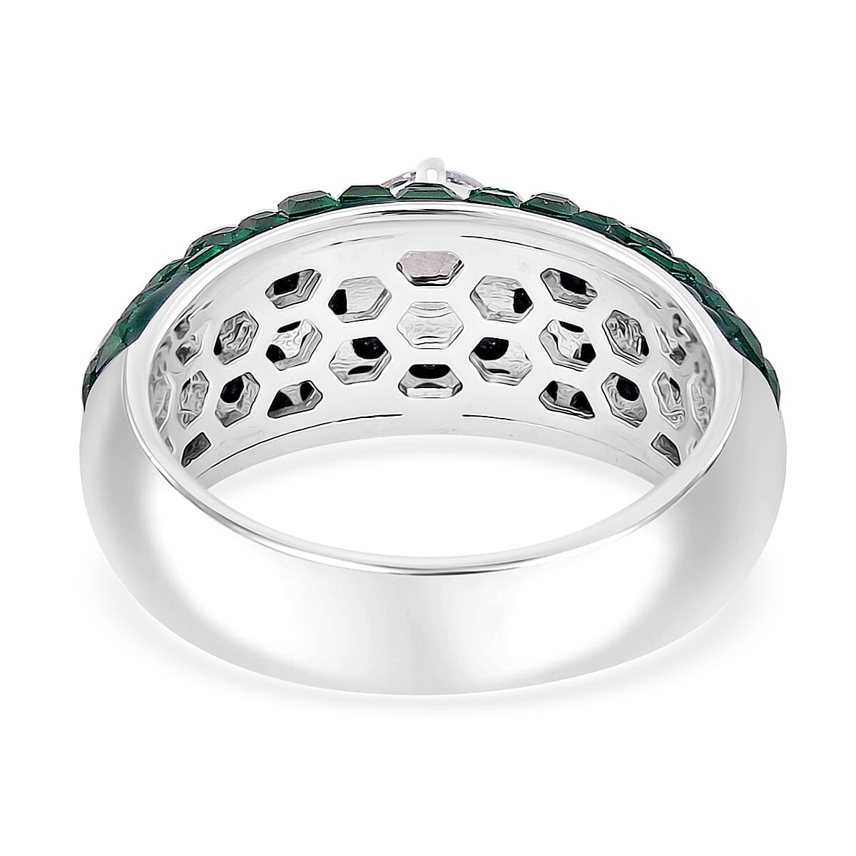 Simulated White and Green Diamond Dome Ring in Rhodium Over Sterling Silver (Size 8.0) image number 3