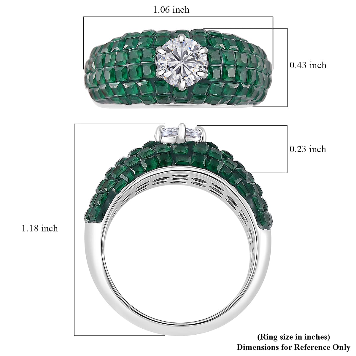 Simulated White and Green Diamond Dome Ring in Rhodium Over Sterling Silver (Size 8.0) image number 4