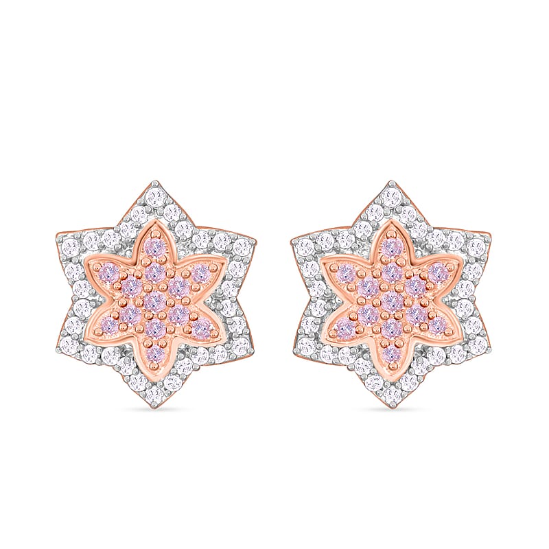 Natural Pink and White Diamond I3 0.50 ctw Floral Earrings in Vermeil Rose Gold Over Sterling Silver 