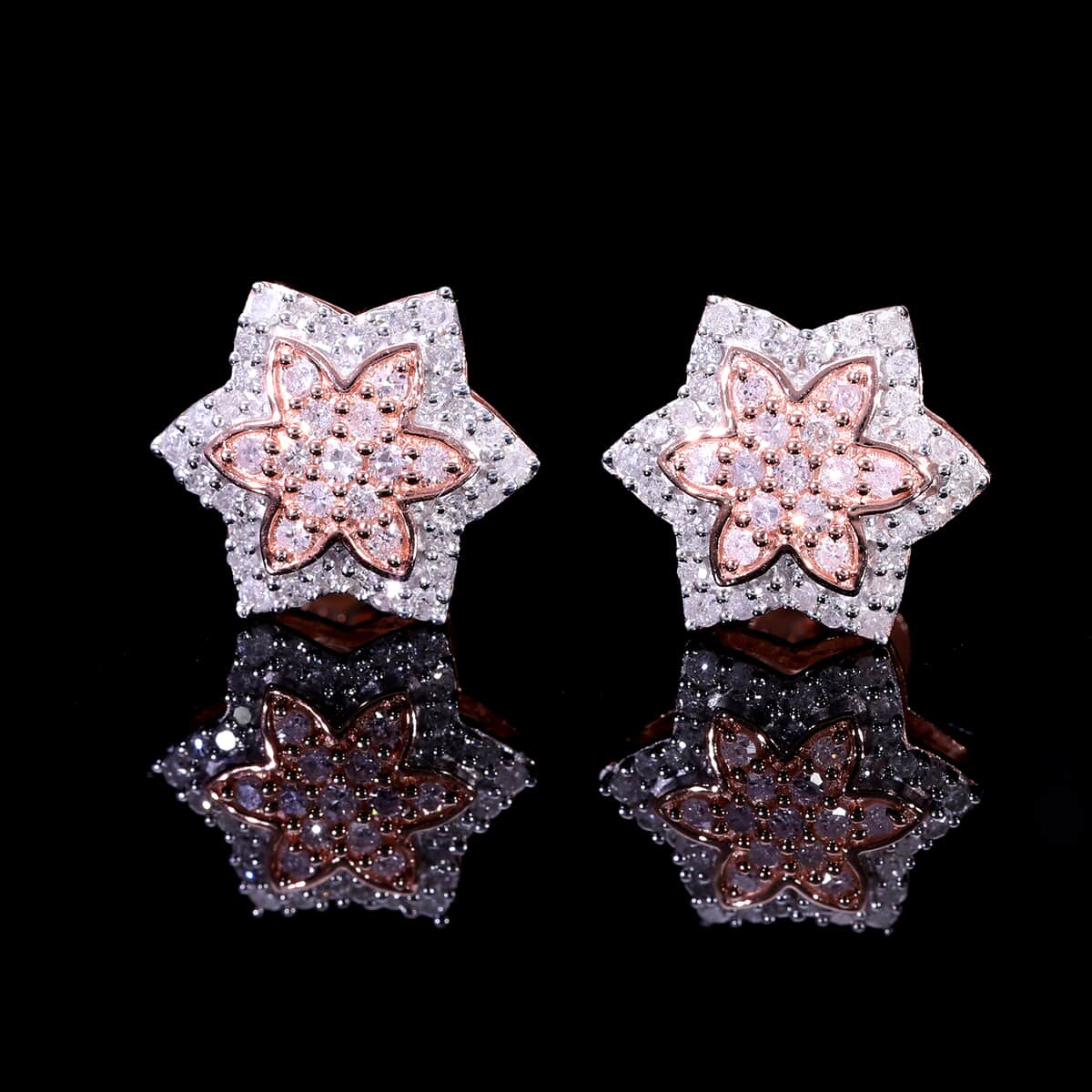 Natural Pink and White Diamond I3 0.50 ctw Floral Earrings in Vermeil Rose Gold Over Sterling Silver  image number 1