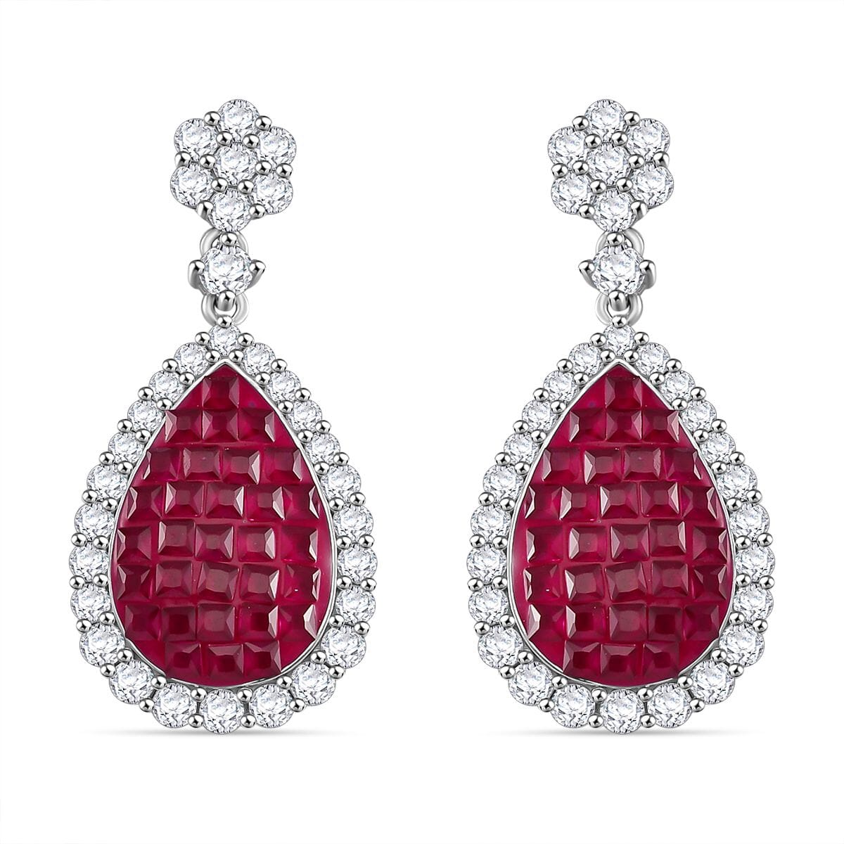 Simulated White and Ruby Color Diamond Drop Earrings in Rhodium Over Sterling Silver image number 0