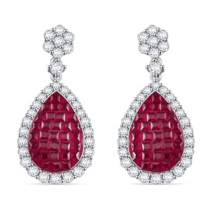 Simulated White and Ruby Color Diamond Drop Earrings in Rhodium Over Sterling Silver