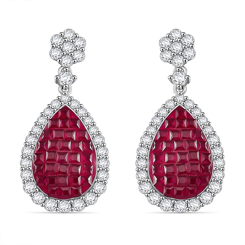 Simulated White and Ruby Color Diamond Drop Earrings in Rhodium Over Sterling Silver