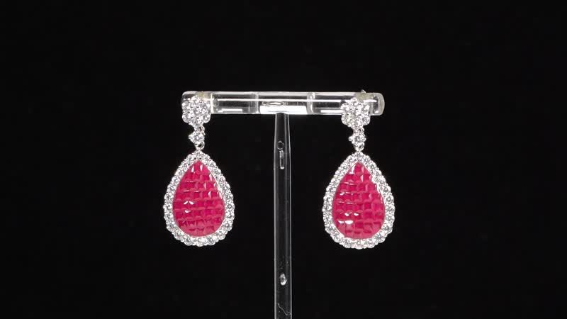 Simulated White and Ruby Color Diamond Drop Earrings in Rhodium Over Sterling Silver 9.50 ctw