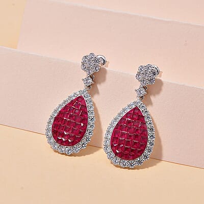 Simulated White and Ruby Color Diamond Drop Earrings in Rhodium Over Sterling Silver