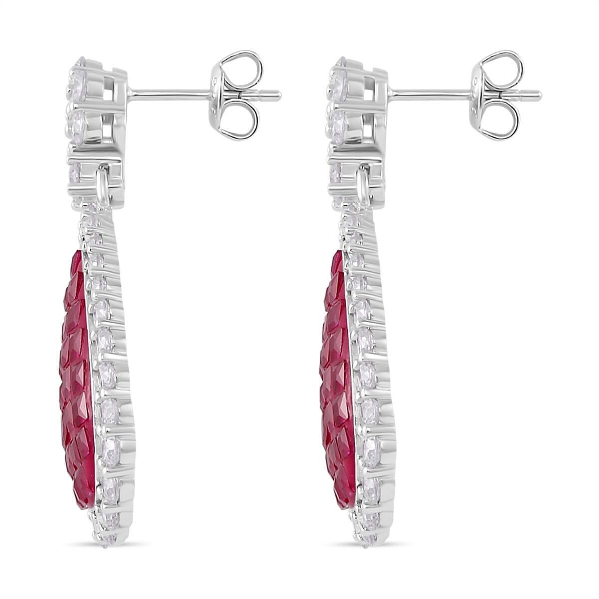 Simulated White and Ruby Color Diamond Drop Earrings in Rhodium Over Sterling Silver image number 3