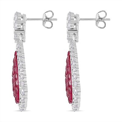 Simulated White and Ruby Color Diamond Drop Earrings in Rhodium Over Sterling Silver