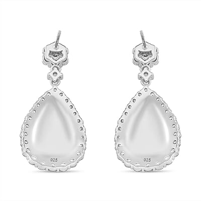Simulated White and Ruby Color Diamond Drop Earrings in Rhodium Over Sterling Silver