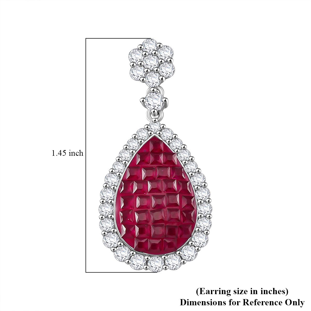 Simulated White and Ruby Color Diamond Drop Earrings in Rhodium Over Sterling Silver image number 5