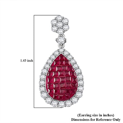 Simulated White and Ruby Color Diamond Drop Earrings in Rhodium Over Sterling Silver
