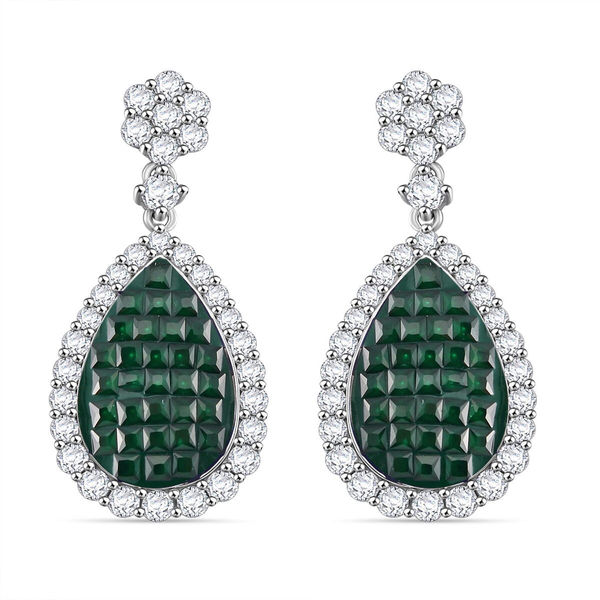 Simulated White and Green Diamond Drop Earrings in Rhodium Over Sterling Silver image number 0