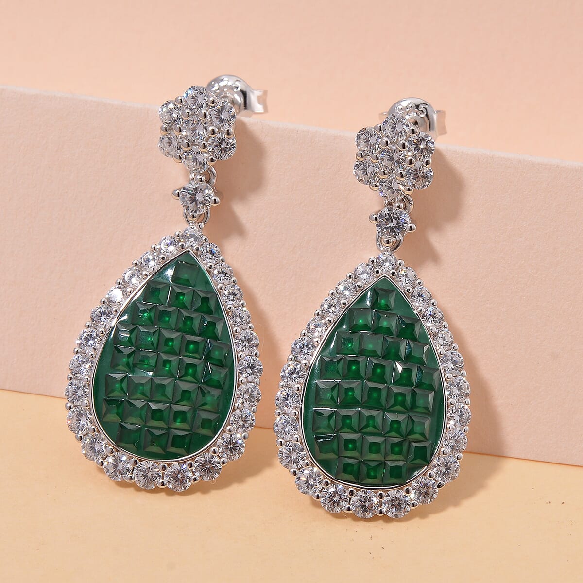 Simulated White and Green Diamond Drop Earrings in Rhodium Over Sterling Silver image number 1
