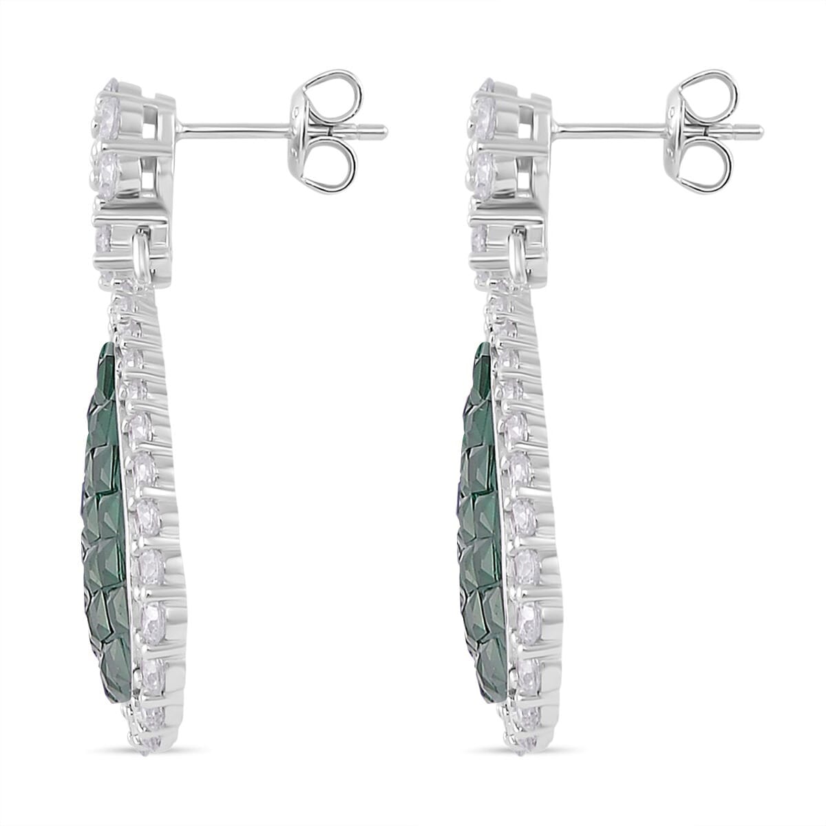 Simulated White and Green Diamond Drop Earrings in Rhodium Over Sterling Silver image number 3