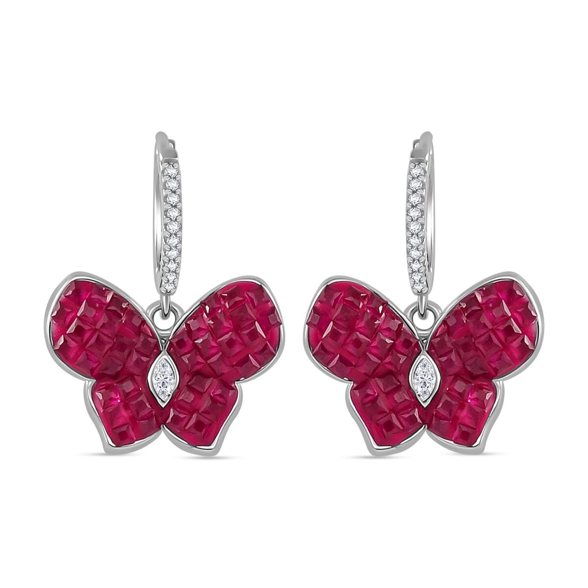 Simulated White and Ruby Color Diamond Butterfly Earrings in Rhodium Over Sterling Silver image number 0