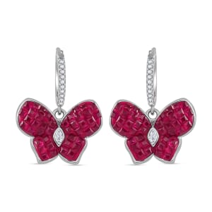 Simulated White and Ruby Color Diamond Butterfly Earrings in Rhodium Over Sterling Silver