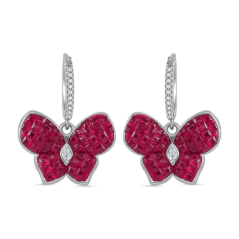 Simulated White and Ruby Color Diamond Butterfly Earrings in Rhodium Over Sterling Silver