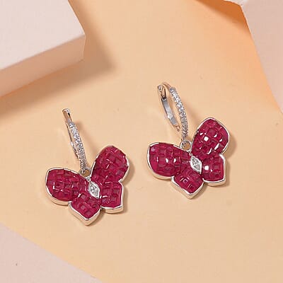 Simulated White and Ruby Color Diamond Butterfly Earrings in Rhodium Over Sterling Silver