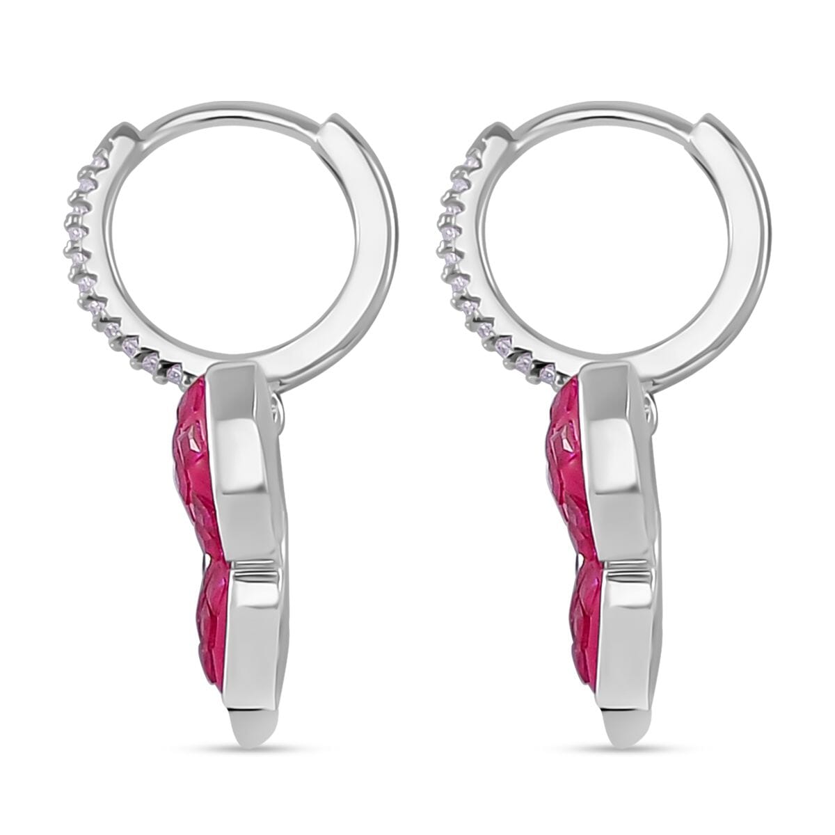 Simulated White and Ruby Color Diamond Butterfly Earrings in Rhodium Over Sterling Silver image number 3
