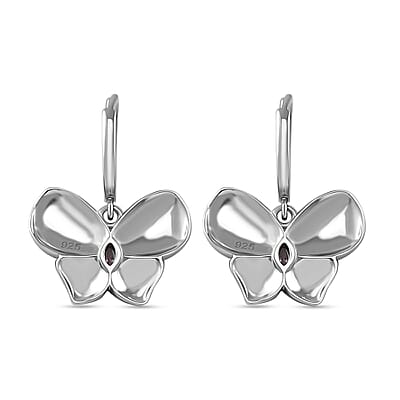 Simulated White and Ruby Color Diamond Butterfly Earrings in Rhodium Over Sterling Silver