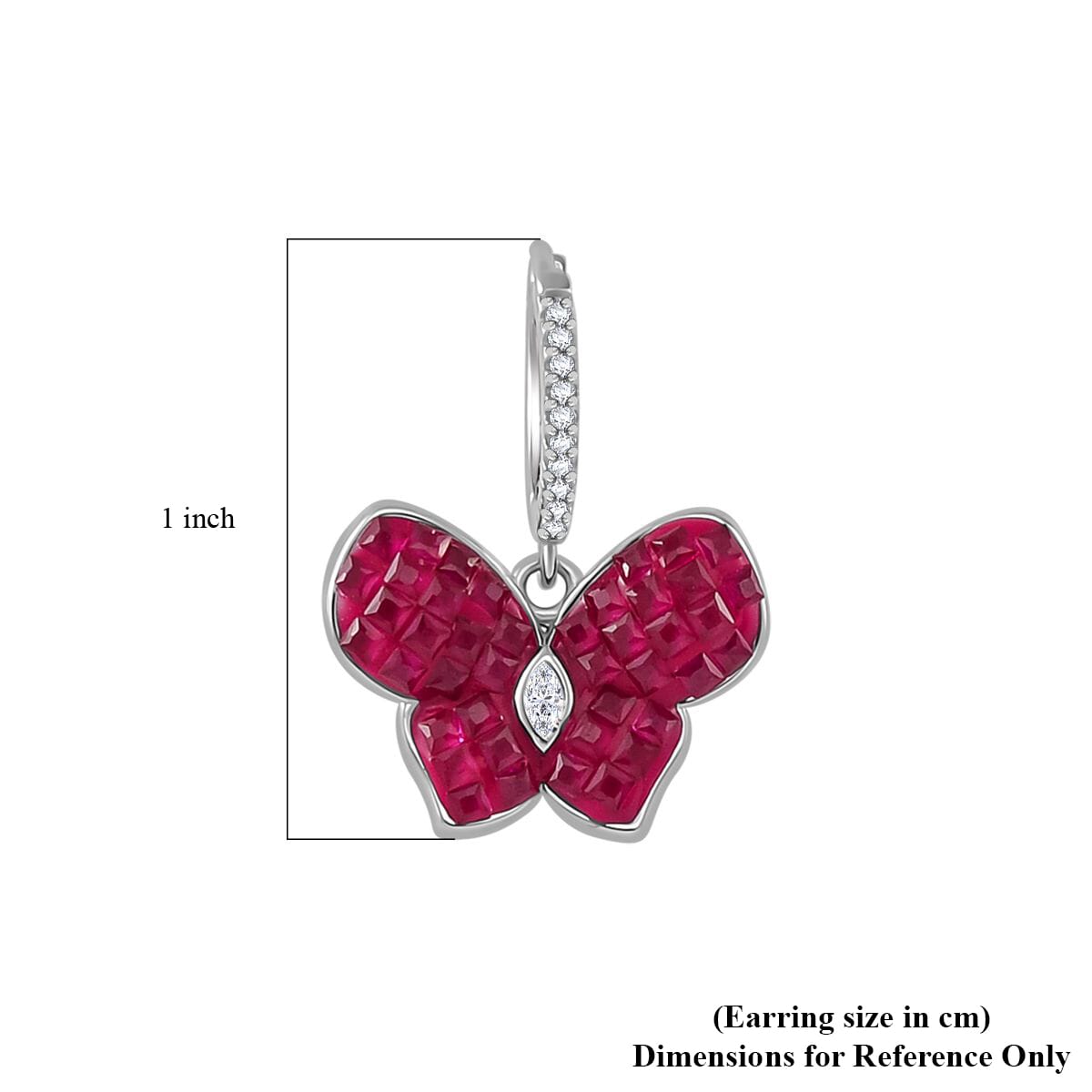 Simulated White and Ruby Color Diamond Butterfly Earrings in Rhodium Over Sterling Silver image number 5