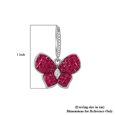 Simulated White and Ruby Color Diamond Butterfly Earrings in Rhodium Over Sterling Silver