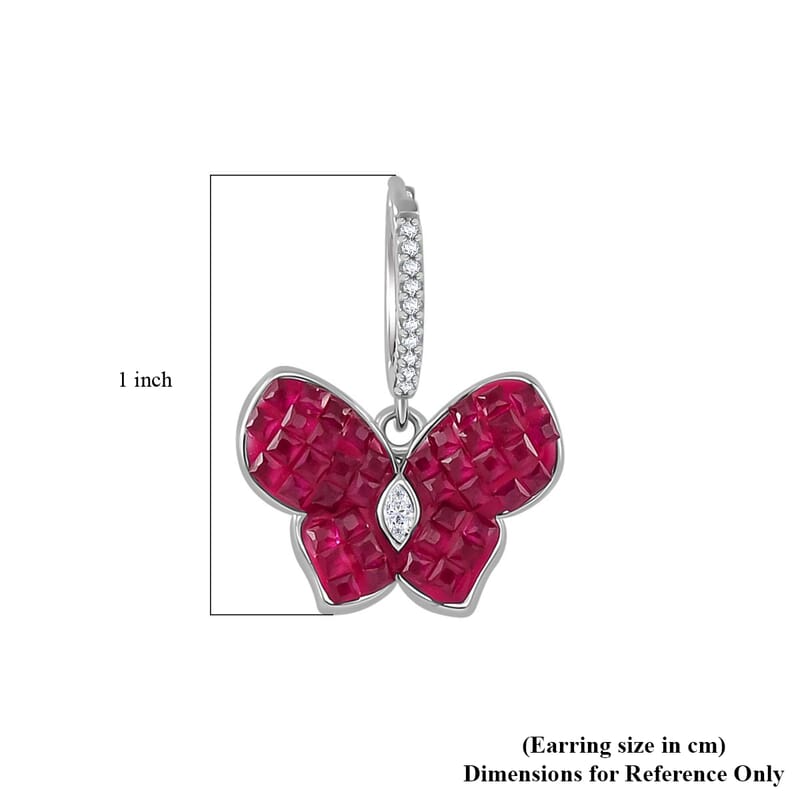 Simulated White and Ruby Color Diamond Butterfly Earrings in Rhodium Over Sterling Silver