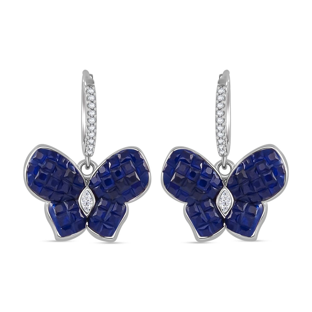 Simulated White and Blue Diamond Butterfly Earrings in Rhodium Over Sterling Silver image number 0