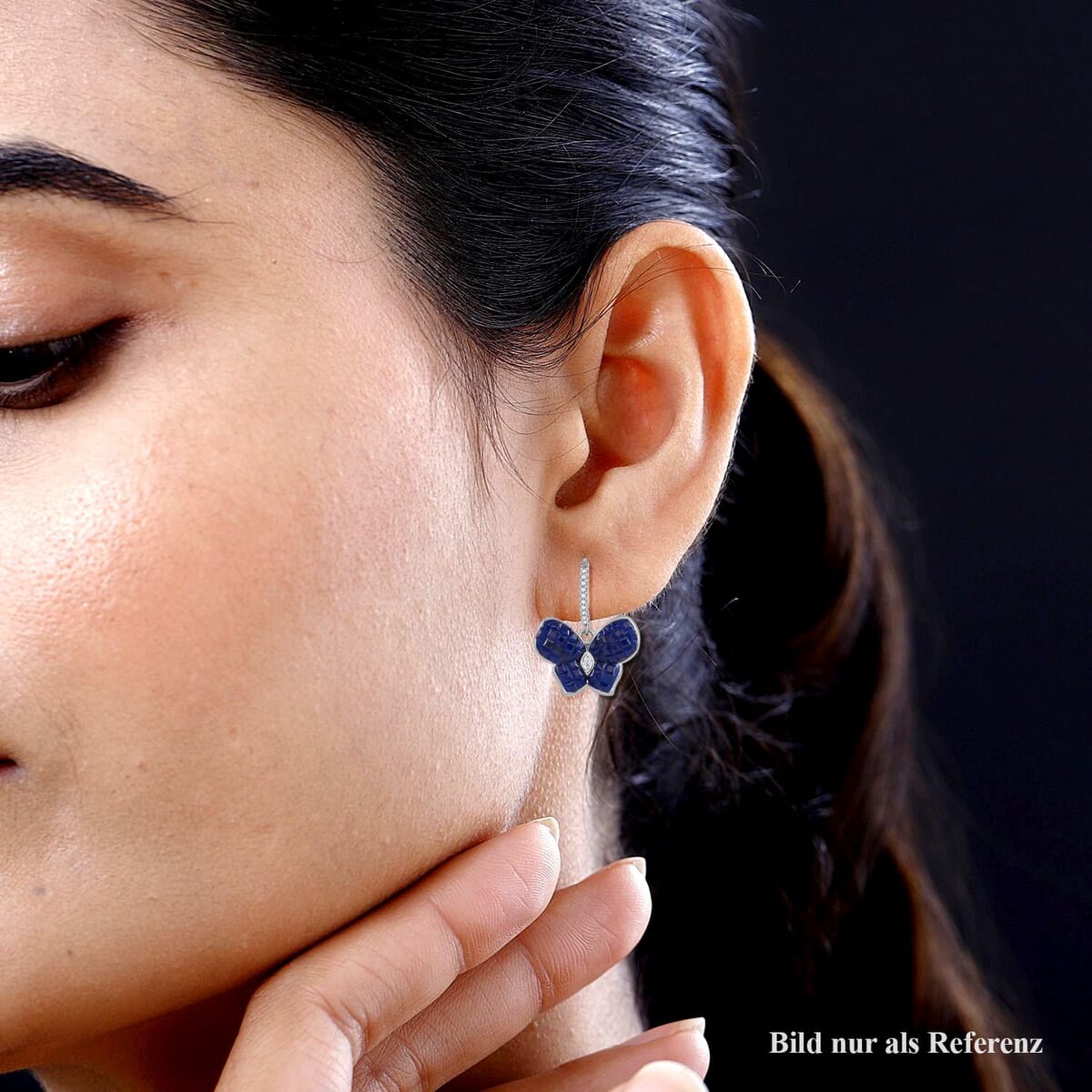 Simulated White and Blue Diamond Butterfly Earrings in Rhodium Over Sterling Silver image number 2