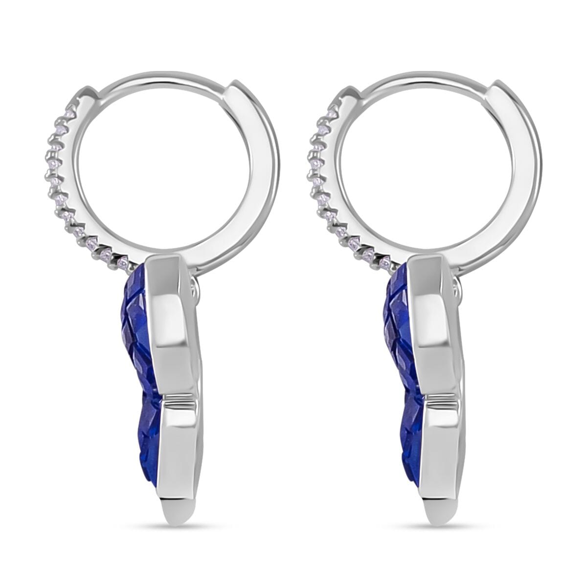 Simulated White and Blue Diamond Butterfly Earrings in Rhodium Over Sterling Silver image number 3