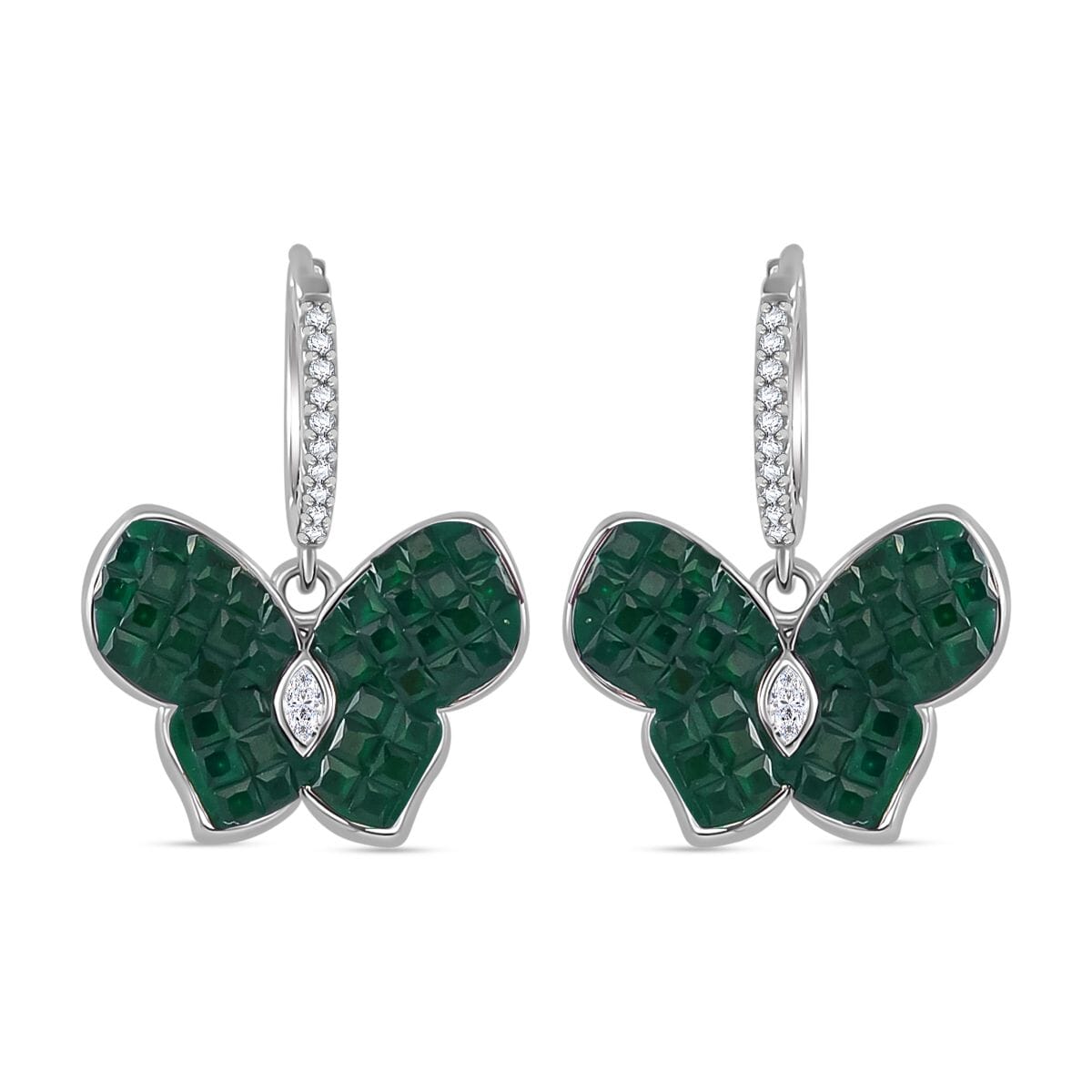 Simulated White and Green Diamond Butterfly Earrings in Rhodium Over Sterling Silver image number 0