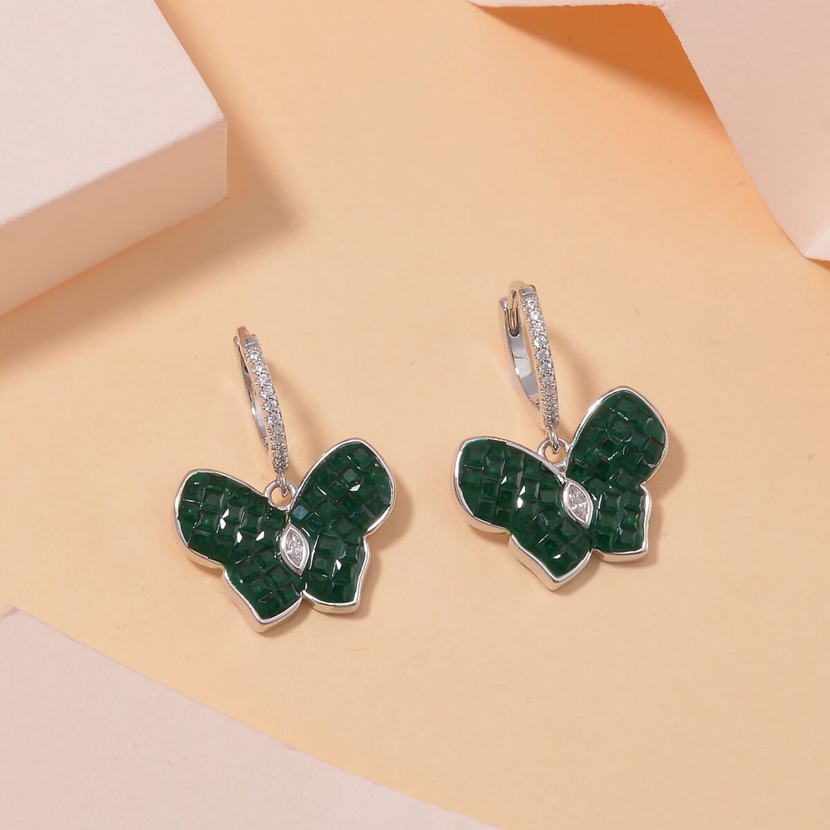 Simulated White and Green Diamond Butterfly Earrings in Rhodium Over Sterling Silver image number 1