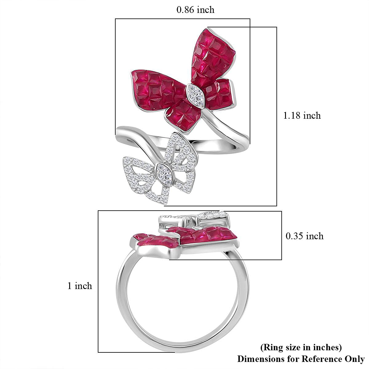 Simulated White and Ruby Color Diamond Butterfly Bypass Ring in Rhodium Over Sterling Silver (Size 10.0)