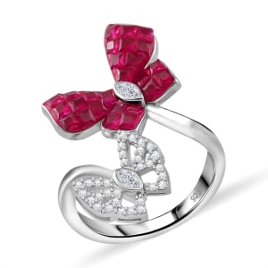 Simulated White and Ruby Color Diamond Butterfly Bypass Ring in Rhodium Over Sterling Silver (Size 9.0)