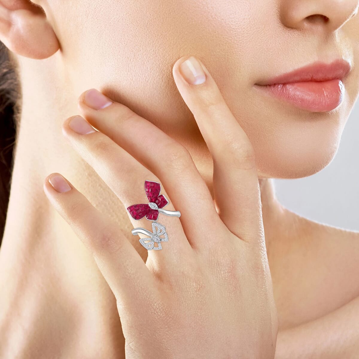 Simulated White and Ruby Color Diamond Butterfly Bypass Ring in Rhodium Over Sterling Silver (Size 9.0) image number 2