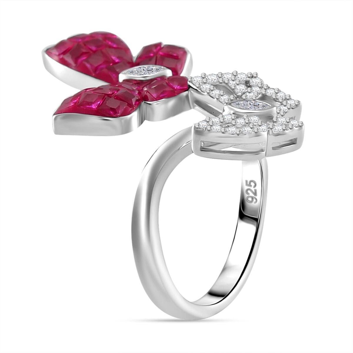 Simulated White and Ruby Color Diamond Butterfly Bypass Ring in Rhodium Over Sterling Silver (Size 9.0) image number 3